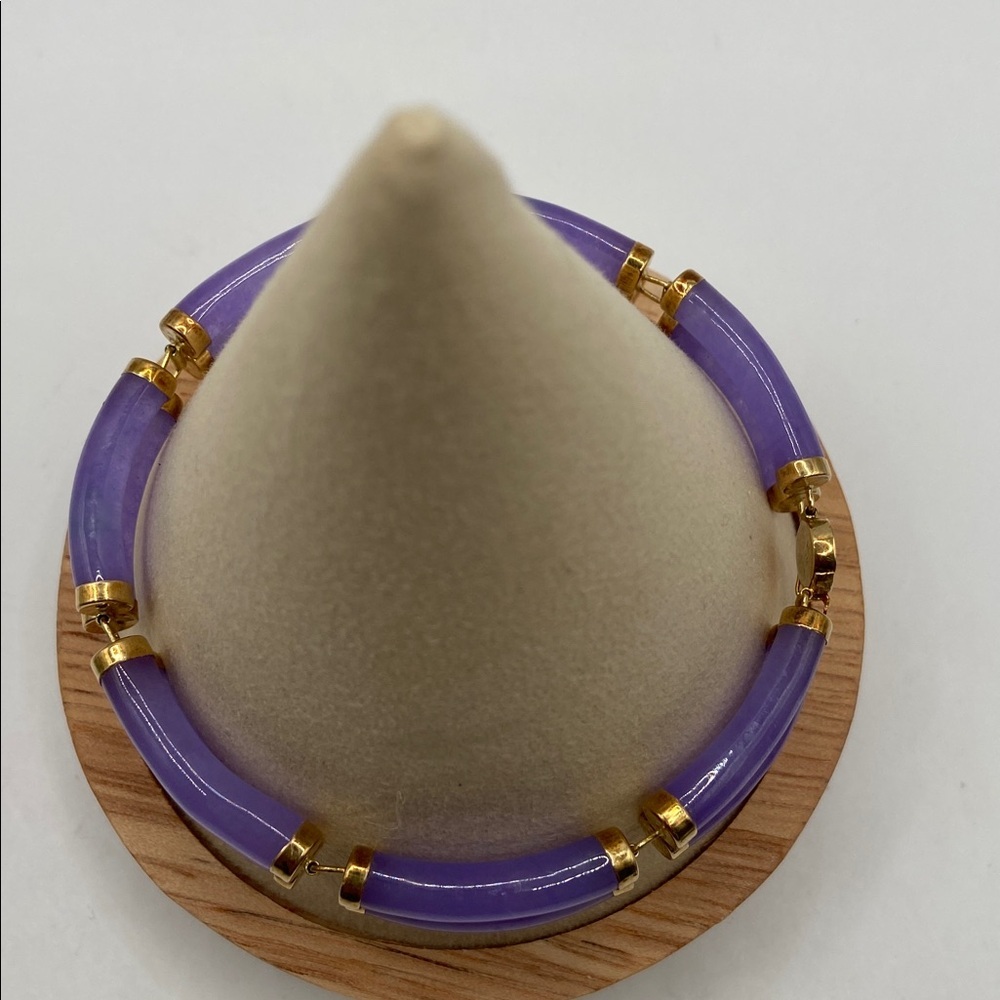 Vintage 14K Yellow Gold Double Row Good Fortune Lavender Jade Bracelet 8 1/4”L - Picture 4 of 8